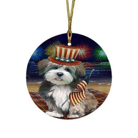 4th of July Independence Day Firework Lhasa Apso Dog Round Christmas Ornament RFPOR48927