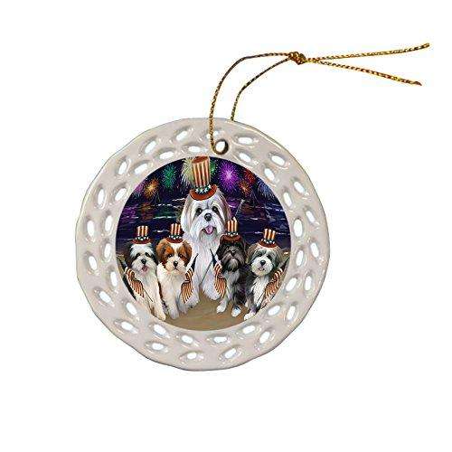 4th of July Independence Day Firework Lhasa Apsos Dog Ceramic Doily Ornament DPOR48932