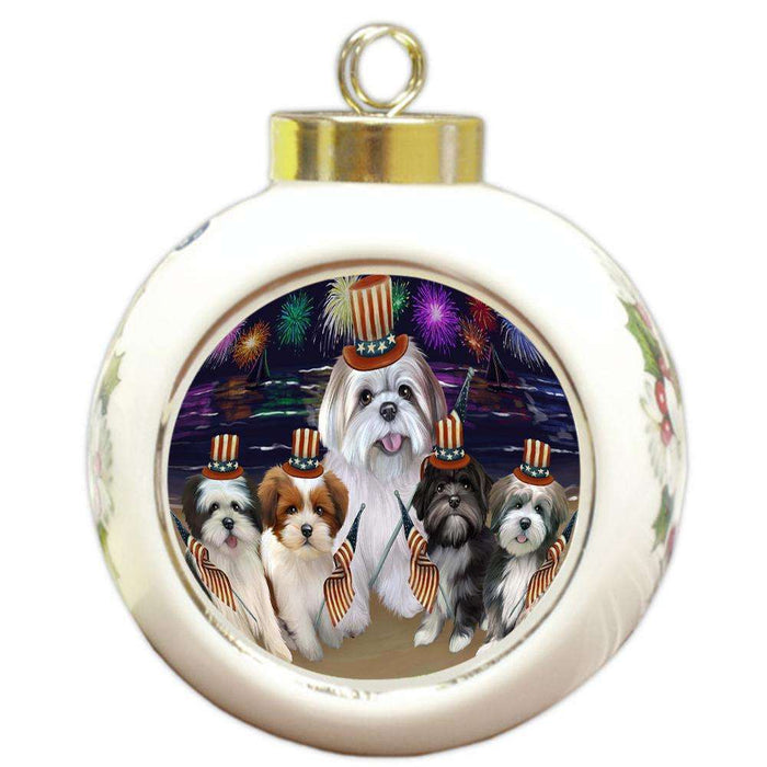 4th of July Independence Day Firework Lhasa Apsos Dog Round Ball Christmas Ornament RBPOR48932