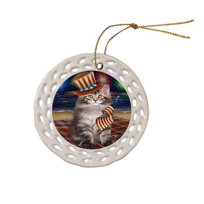 4th of July Independence Day Firework Maine Coon Cat Ceramic Doily Ornament DPOR52450