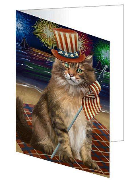 4th of July Independence Day Firework Maine Coon Cat Handmade Artwork Assorted Pets Greeting Cards and Note Cards with Envelopes for All Occasions and Holiday Seasons GCD61367