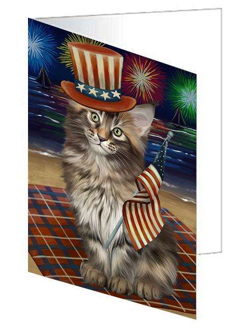 4th of July Independence Day Firework Maine Coon Cat Handmade Artwork Assorted Pets Greeting Cards and Note Cards with Envelopes for All Occasions and Holiday Seasons GCD61373
