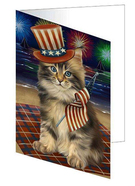 4th of July Independence Day Firework Maine Coon Cat Handmade Artwork Assorted Pets Greeting Cards and Note Cards with Envelopes for All Occasions and Holiday Seasons GCD61376
