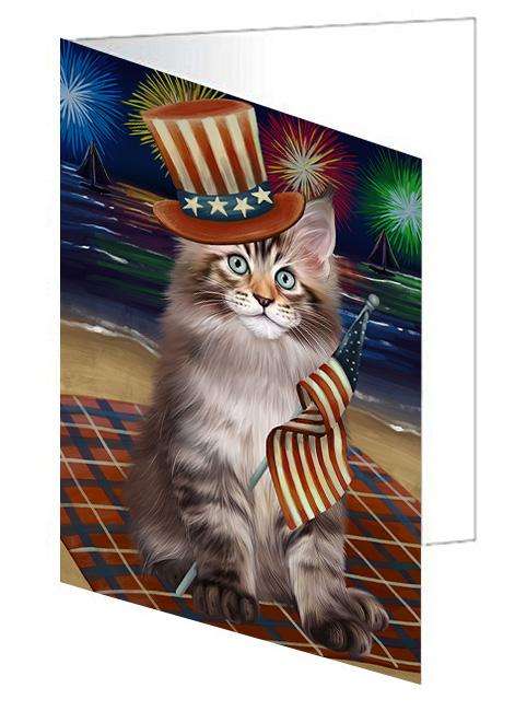 4th of July Independence Day Firework Maine Coon Cat Handmade Artwork Assorted Pets Greeting Cards and Note Cards with Envelopes for All Occasions and Holiday Seasons GCD61379