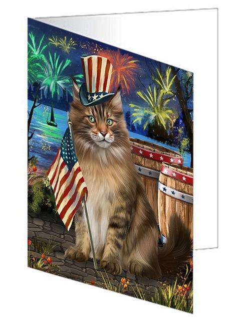 4th of July Independence Day Firework Maine Coon Cat Handmade Artwork Assorted Pets Greeting Cards and Note Cards with Envelopes for All Occasions and Holiday Seasons GCD66185
