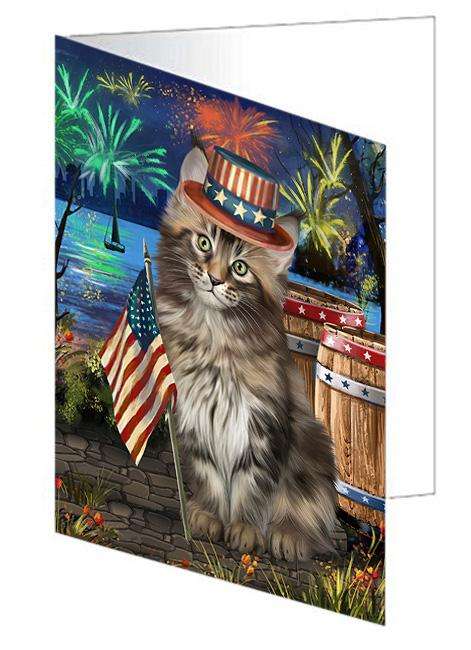 4th of July Independence Day Firework Maine Coon Cat Handmade Artwork Assorted Pets Greeting Cards and Note Cards with Envelopes for All Occasions and Holiday Seasons GCD66188