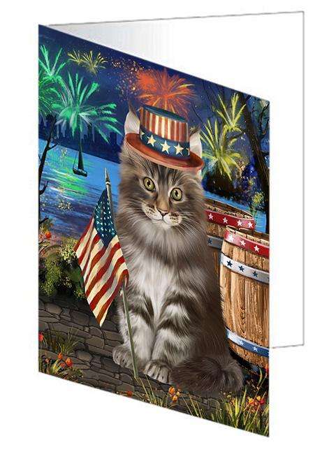 4th of July Independence Day Firework Maine Coon Cat Handmade Artwork Assorted Pets Greeting Cards and Note Cards with Envelopes for All Occasions and Holiday Seasons GCD66191