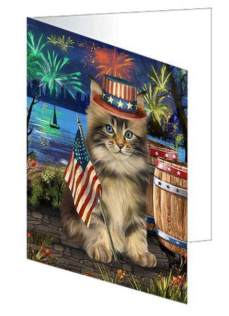 4th of July Independence Day Firework Maine Coon Cat Handmade Artwork Assorted Pets Greeting Cards and Note Cards with Envelopes for All Occasions and Holiday Seasons GCD66194