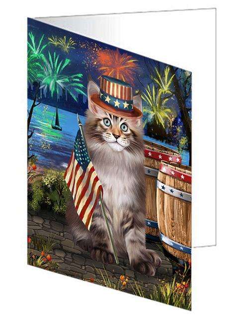 4th of July Independence Day Firework Maine Coon Cat Handmade Artwork Assorted Pets Greeting Cards and Note Cards with Envelopes for All Occasions and Holiday Seasons GCD66197