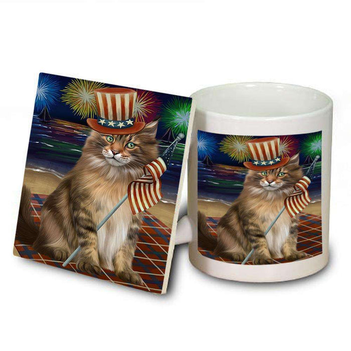 4th of July Independence Day Firework Maine Coon Cat Mug and Coaster Set MUC52048