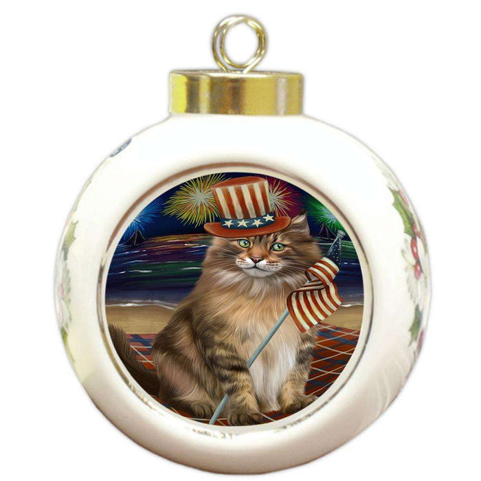 4th of July Independence Day Firework Maine Coon Cat Round Ball Christmas Ornament RBPOR52056