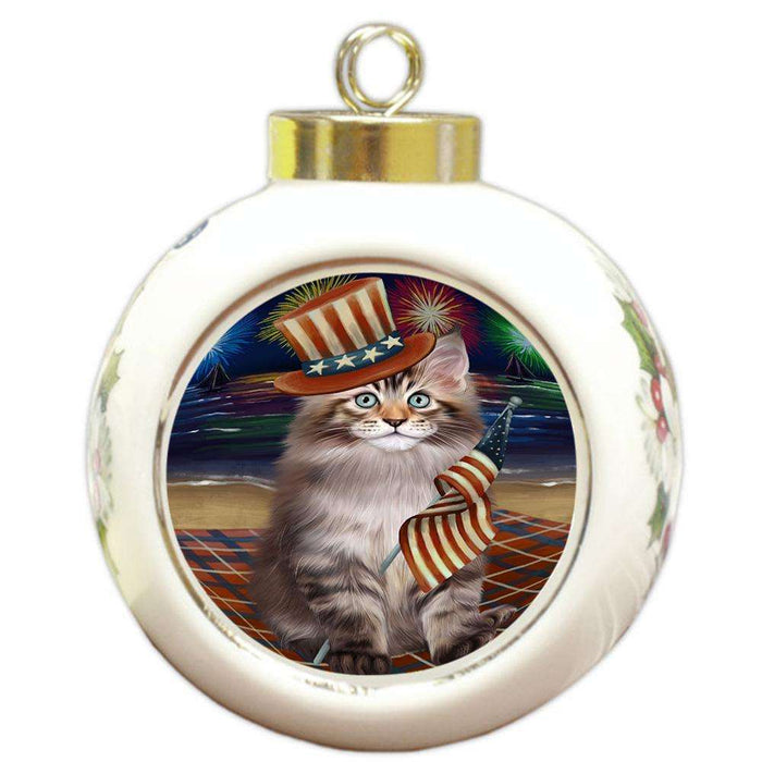 4th of July Independence Day Firework Maine Coon Cat Round Ball Christmas Ornament RBPOR52060