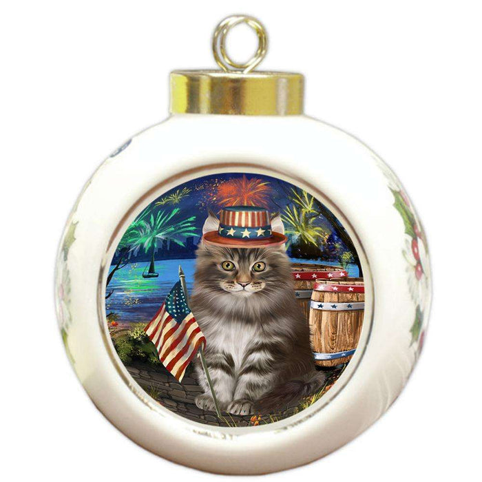 4th of July Independence Day Firework Maine Coon Cat Round Ball Christmas Ornament RBPOR54054