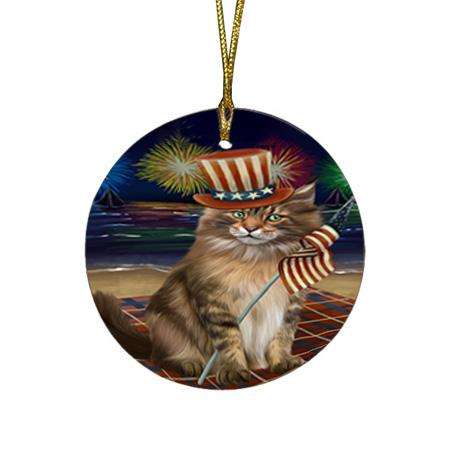 4th of July Independence Day Firework Maine Coon Cat Round Flat Christmas Ornament RFPOR52047