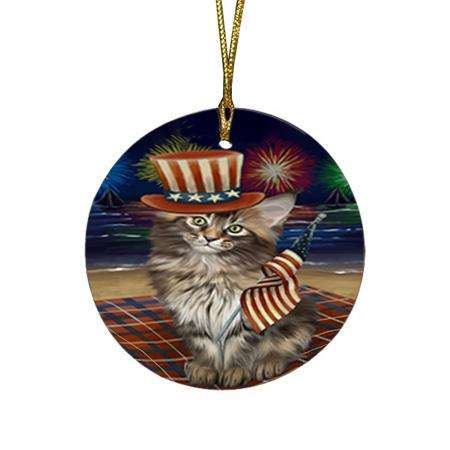 4th of July Independence Day Firework Maine Coon Cat Round Flat Christmas Ornament RFPOR52049
