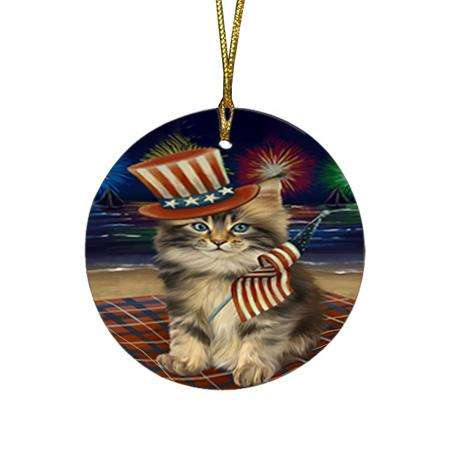 4th of July Independence Day Firework Maine Coon Cat Round Flat Christmas Ornament RFPOR52050