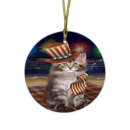 4th of July Independence Day Firework Maine Coon Cat Round Flat Christmas Ornament RFPOR52051