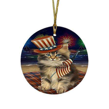 4th of July Independence Day Firework Maine Coon Cat Round Flat Christmas Ornament RFPOR52440