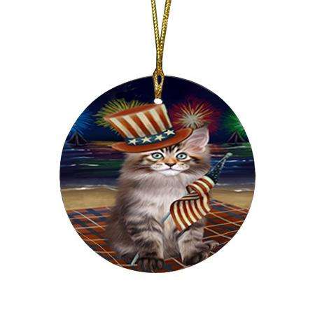 4th of July Independence Day Firework Maine Coon Cat Round Flat Christmas Ornament RFPOR52441