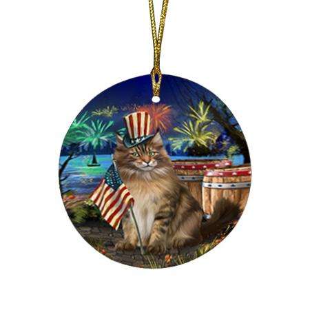 4th of July Independence Day Firework Maine Coon Cat Round Flat Christmas Ornament RFPOR54043