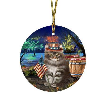 4th of July Independence Day Firework Maine Coon Cat Round Flat Christmas Ornament RFPOR54045