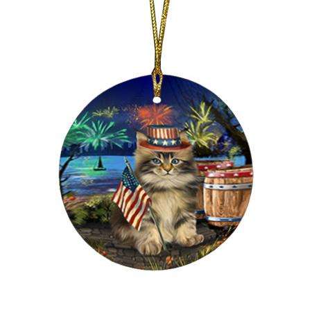 4th of July Independence Day Firework Maine Coon Cat Round Flat Christmas Ornament RFPOR54046
