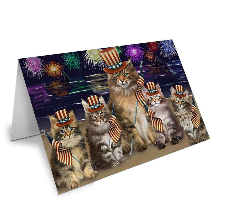 4th of July Independence Day Firework Maine Coon Cats Handmade Artwork Assorted Pets Greeting Cards and Note Cards with Envelopes for All Occasions and Holiday Seasons GCD61370