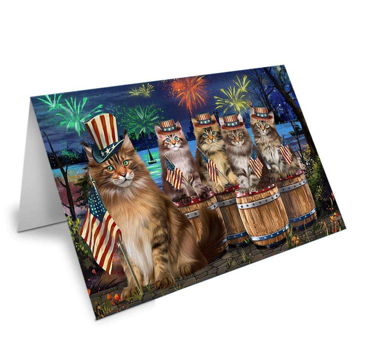 4th of July Independence Day Firework Maine Coon Cats Handmade Artwork Assorted Pets Greeting Cards and Note Cards with Envelopes for All Occasions and Holiday Seasons GCD66362