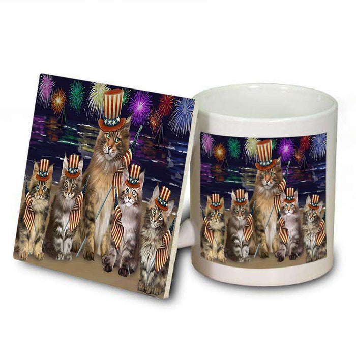 4th of July Independence Day Firework Maine Coon Cats Mug and Coaster Set MUC52049