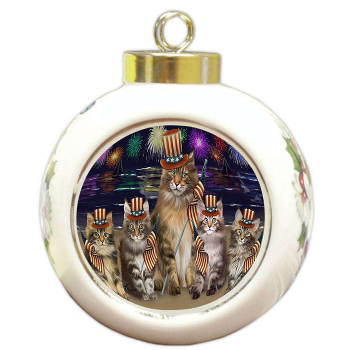 4th of July Independence Day Firework Maine Coon Cats Round Ball Christmas Ornament RBPOR52057