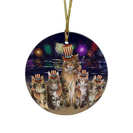 4th of July Independence Day Firework Maine Coon Cats Round Flat Christmas Ornament RFPOR52048