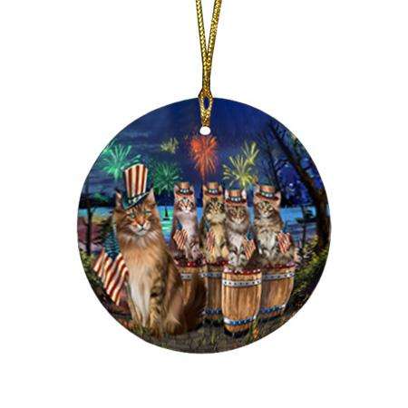 4th of July Independence Day Firework Maine Coon Cats Round Flat Christmas Ornament RFPOR54102