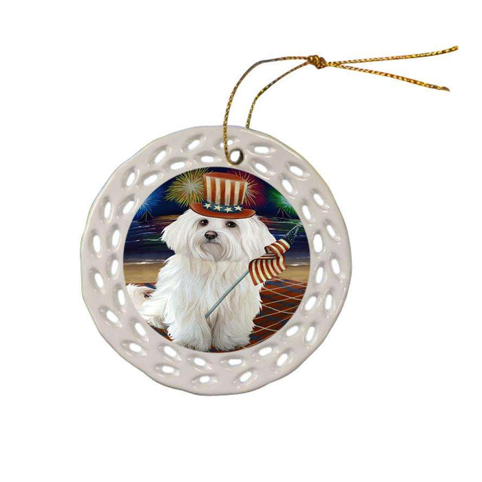 4th of July Independence Day Firework Maltese Dog Ceramic Doily Ornament DPOR48937