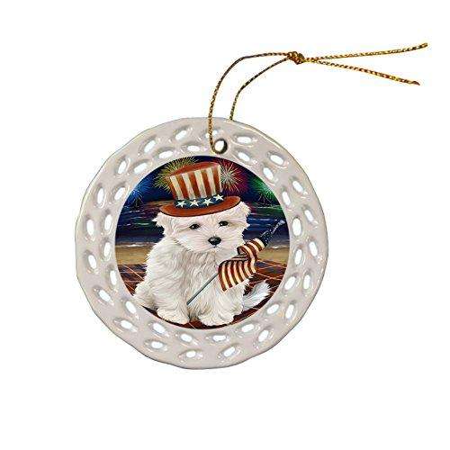 4th of July Independence Day Firework Maltese Dog Ceramic Doily Ornament DPOR48939