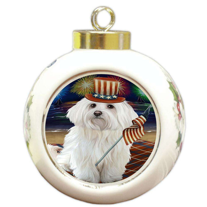 4th of July Independence Day Firework Maltese Dog Round Ball Christmas Ornament RBPOR48937