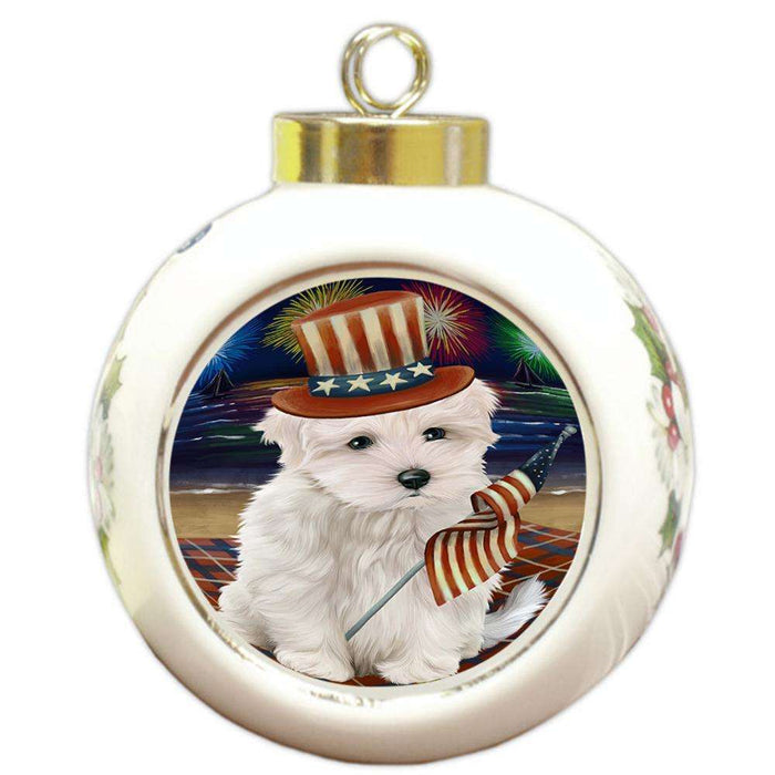 4th of July Independence Day Firework Maltese Dog Round Ball Christmas Ornament RBPOR48939