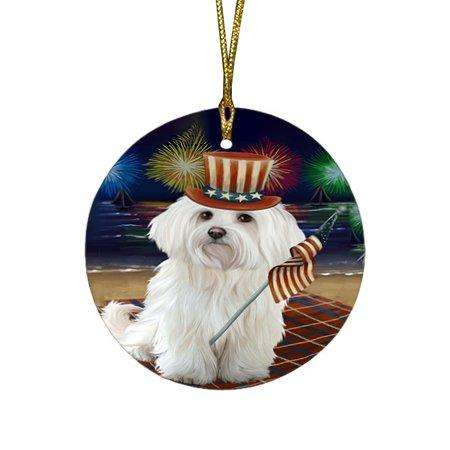 4th of July Independence Day Firework Maltese Dog Round Christmas Ornament RFPOR48928