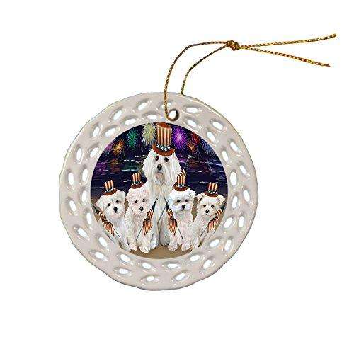 4th of July Independence Day Firework Malteses Dog Ceramic Doily Ornament DPOR48938