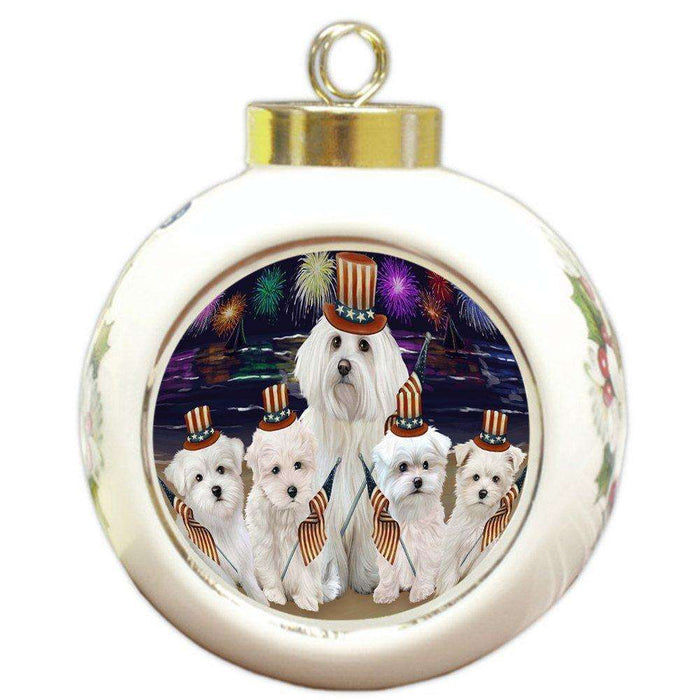 4th of July Independence Day Firework Malteses Dog Round Ball Christmas Ornament RBPOR48938