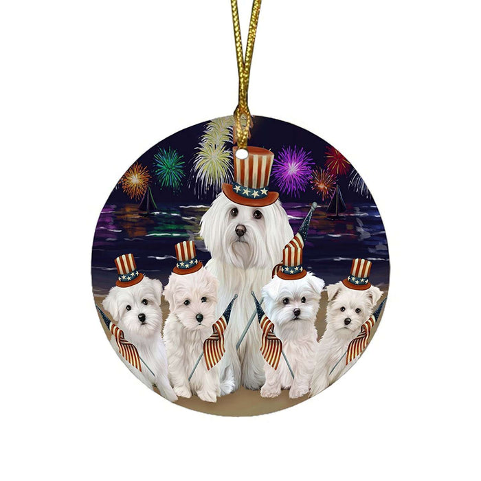 4th of July Independence Day Firework Malteses Dog Round Christmas Ornament RFPOR48929