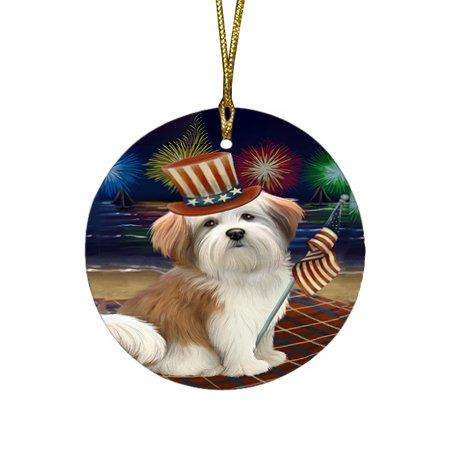 4th of July Independence Day Firework Malti Tzu Dog Round Christmas Ornament RFPOR48931
