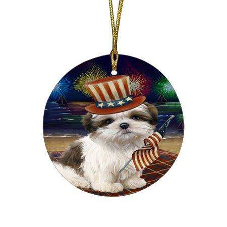 4th of July Independence Day Firework Malti Tzu Dog Round Christmas Ornament RFPOR48932