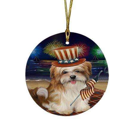 4th of July Independence Day Firework Malti Tzu Dog Round Christmas Ornament RFPOR48933