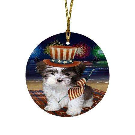4th of July Independence Day Firework Malti Tzu Dog Round Christmas Ornament RFPOR48934