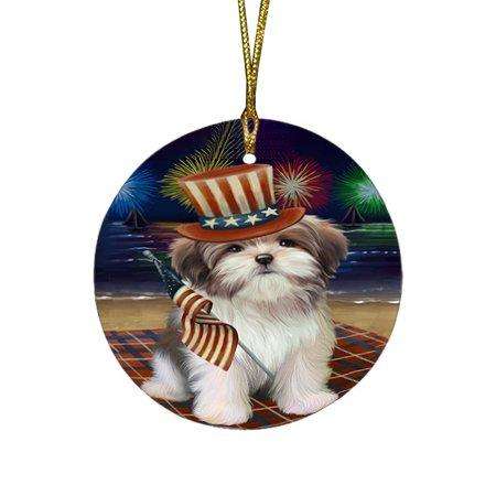 4th of July Independence Day Firework Malti Tzu Dog Round Christmas Ornament RFPOR48935