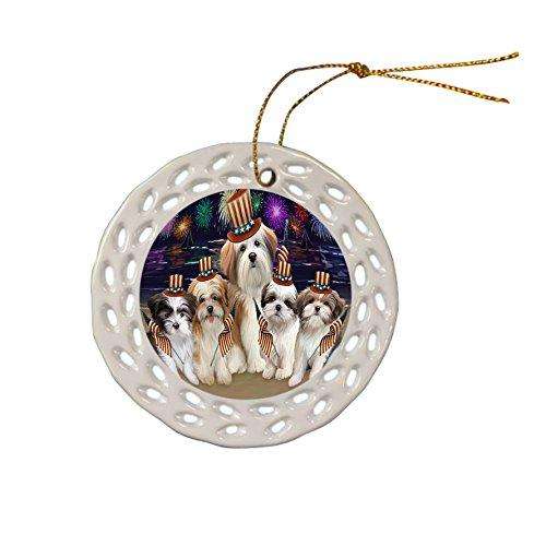 4th of July Independence Day Firework Malti Tzus Dog Ceramic Doily Ornament DPOR48945