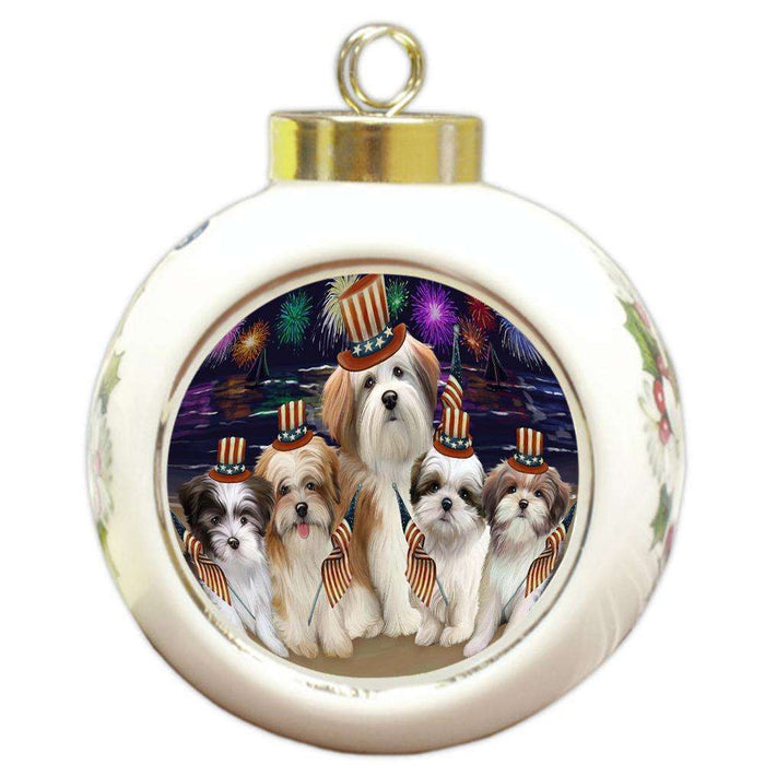 4th of July Independence Day Firework Malti Tzus Dog Round Ball Christmas Ornament RBPOR48945