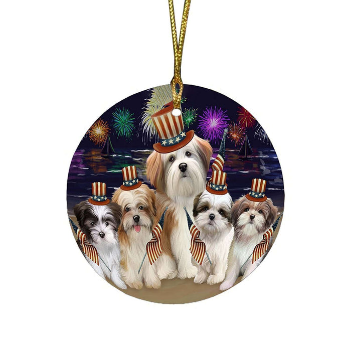 4th of July Independence Day Firework Malti Tzus Dog Round Christmas Ornament RFPOR48936