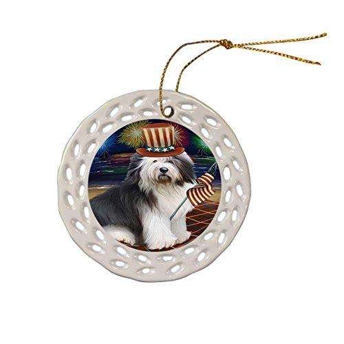 4th of July Independence Day Firework Old English Sheepdog Ceramic Doily Ornament DPOR48946