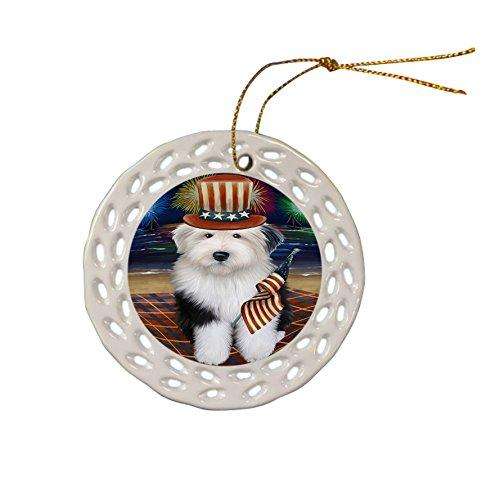 4th of July Independence Day Firework Old English Sheepdog Ceramic Doily Ornament DPOR48947